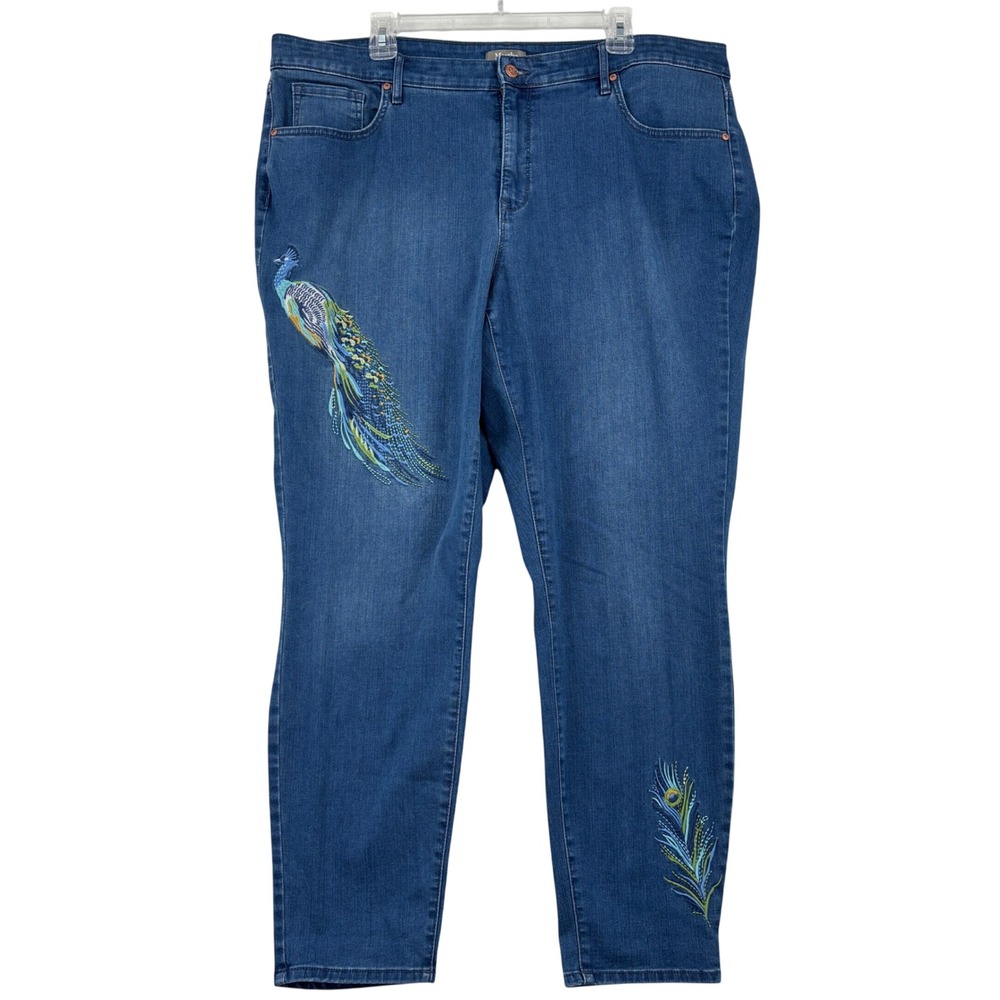 Martha Stewart Jeans Peacock Embroidered Women 22W Blue Stretch Denim Slim Leg